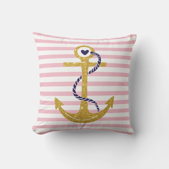 Coussin Ancrage or rose vif, rayures blanches nautiques (Recto)
