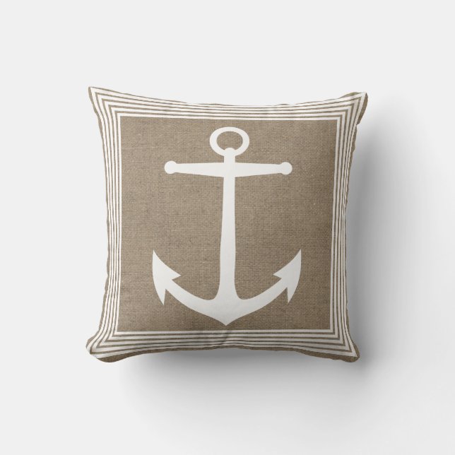 Coussin Ancre blanche marine et Faux Burlap (Recto)