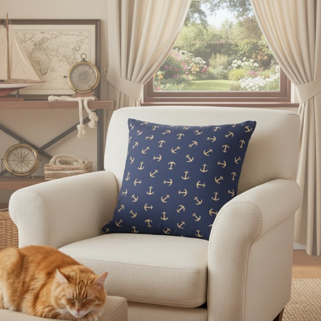 coussin Ancre bleu et or 16x16 Navy pour Sofa (Navy blue anchor throw pillow ⚓)