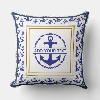 Coussin Ancre Bleue de Marine Naautique Nom Personnalisabl
