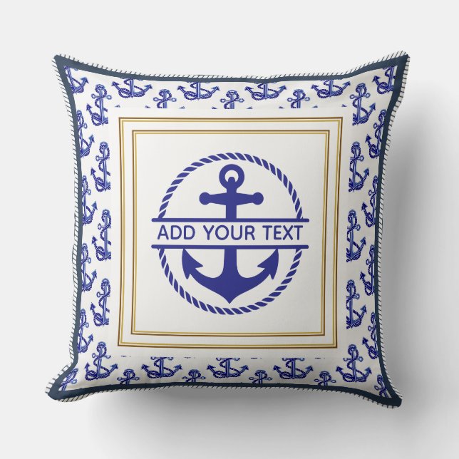 Coussin Ancre Bleue de Marine Naautique Nom Personnalisabl (Recto)