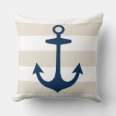 Coussin Ancre bleue marine nautical avec bandes beige (Recto)