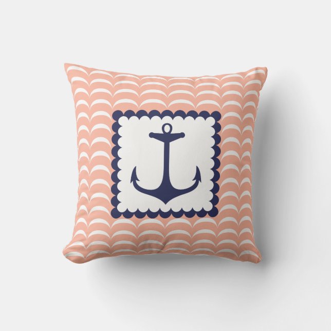 Coussin Ancre Bleue Marine Nautique Coral Vagues Rose (Recto)