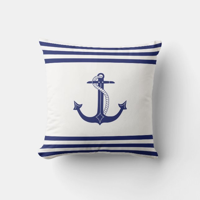 Coussin Ancre bleue marine simple et brèves blanches (Recto)