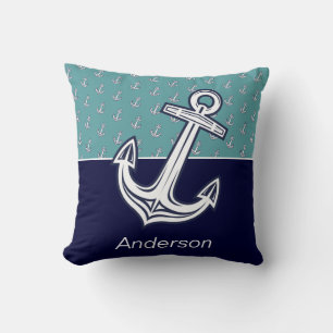 Coussin Ancre côtière marine personnalisée Turquoise Marin