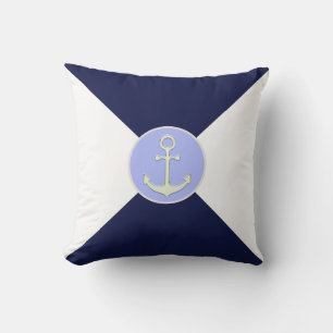 Coussin Ancre d'argent nautique sur bleu et blanc marine