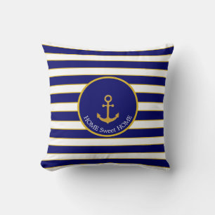 Coussin Ancre de famille sur rayures bleu marine et blanc