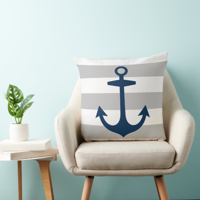Coussin Ancre de marine grise et blanche rayée (Chaise)
