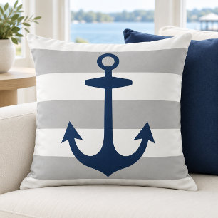 Coussin Ancre de marine grise et blanche rayée