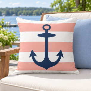 Coussin Ancre de marine nautique corail blanc rayure