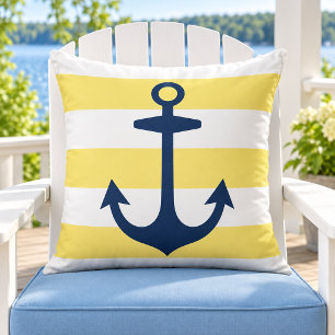 Coussin Ancre de marine nautique jaune et blanc rayé