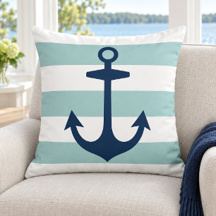 Coussin Ancre de marine nautique rayure blanche Seafoam