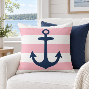 Coussin Ancre de marine nautique rose rayure blanche