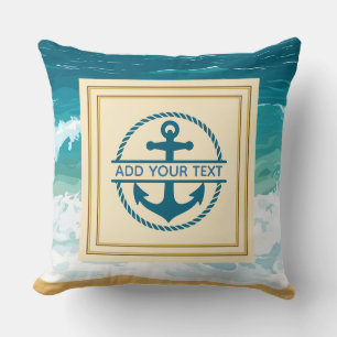 Coussin Ancre de texte personnalisé vague océanique nautiq