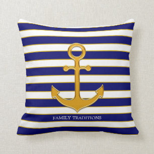 Coussin Ancre d'or de la famille nautique sur bleu et blan