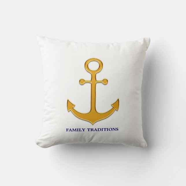 Coussin Ancre dorée de la famille nautique sur blanc (Recto)