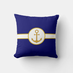 Coussin Ancre dorée nautique sur fond bleu marine et blanc