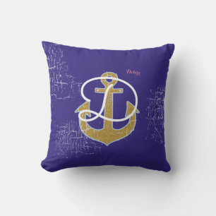 Coussin ancre dorée sur bleu personnalisé nautique