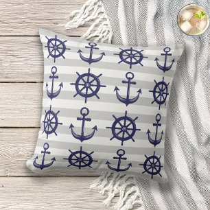 Coussin Ancre et barre grise rayée nautique