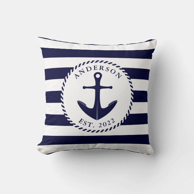 Coussin Ancre et corde bleu marine personnalisée (Recto)