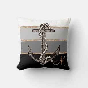 Coussin Ancre et corde (dégradé noir avec monogramme)