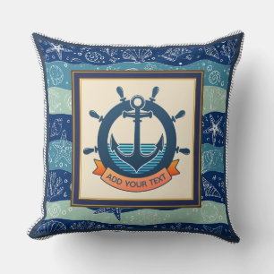Coussin Ancre et gouvernail bleu marine nautique