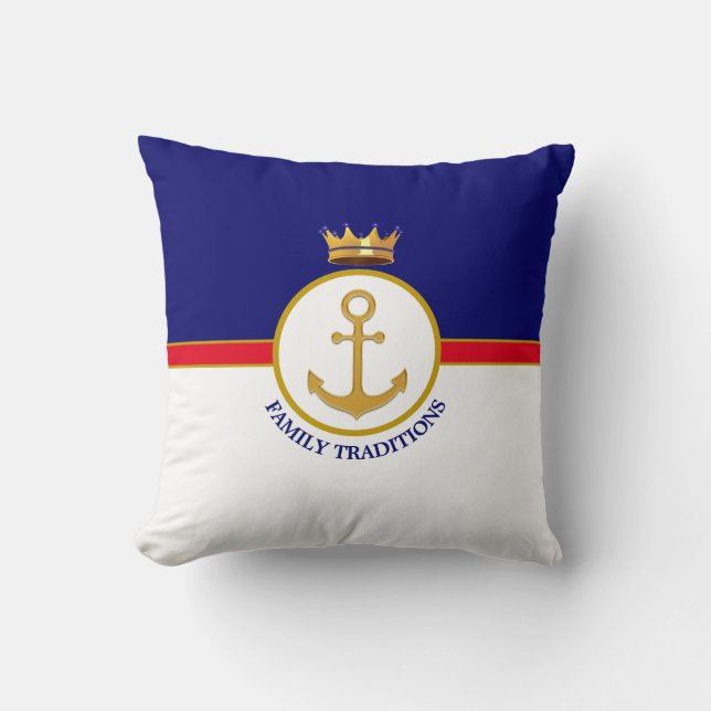 Coussin Ancre familiale et couronne sur bleu et blanc mari (Recto)