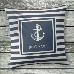 Coussin Ancre marine Bleue à rayures Nautique Nom du batea