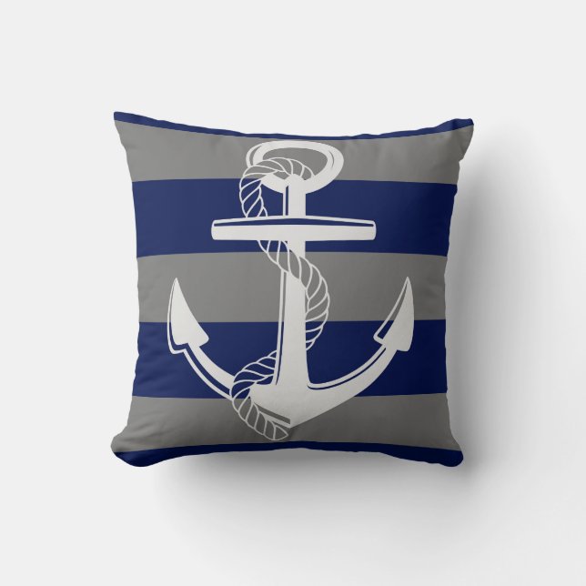 Coussin Ancre marine, Gris et Bleu (Recto)