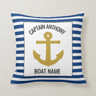 Coussin Ancre marine Nom du capitaine bleu et du bateau de