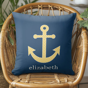 Coussin Ancre nautique avec Motif de Navy Jaune Chevron