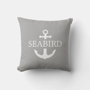 Coussin Ancre nautique blanc sur gris chaud. Bateau person