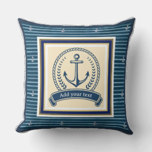 Coussin Ancre Naútíque Bleue Rayée Texte Personnalisé