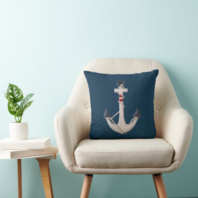 Coussin Ancre Nautique En Bois Sur Bleu Marine (Chaise)