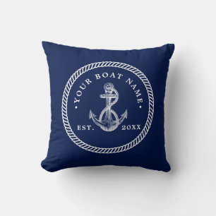 Coussin Ancre nautique et corde Nom du bateau Marine Bleu
