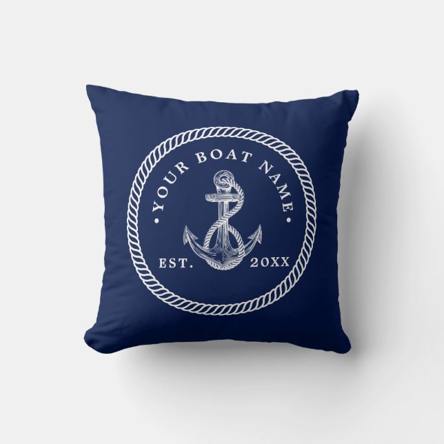 Coussin Ancre nautique et corde Nom du bateau Marine Bleu  (Recto)