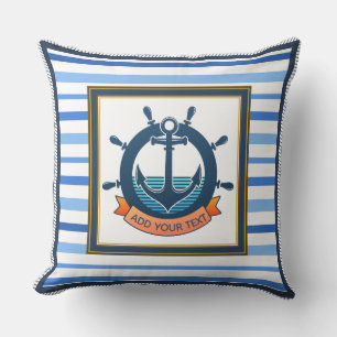 Coussin Ancre nautique et roue de navire rayée personnalis