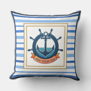Coussin Ancre nautique et roue de navire rayée personnalis