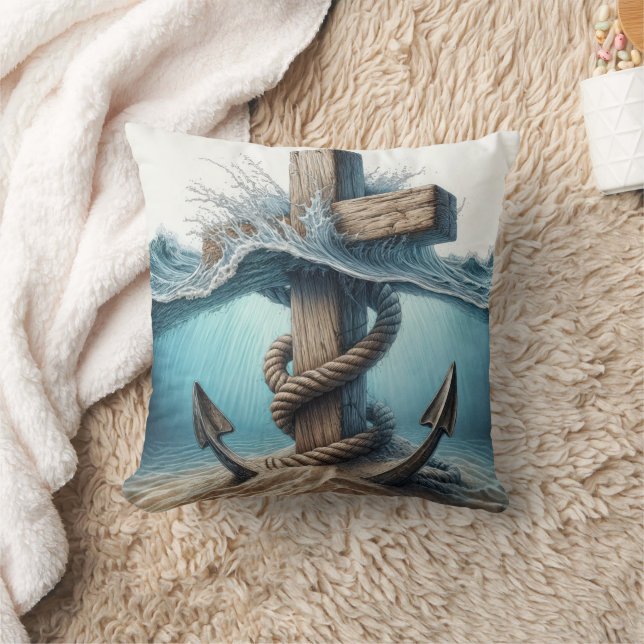 Coussin Ancre nautique et traversée dans l'eau océanique (Couverture)