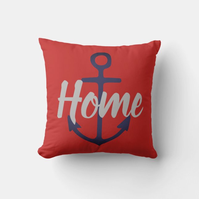 Coussin Ancre nautique + gris type HOME sur rouge (Recto)