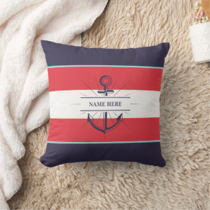 Coussin Ancre nautique Marine Bleu Rouge Blanc