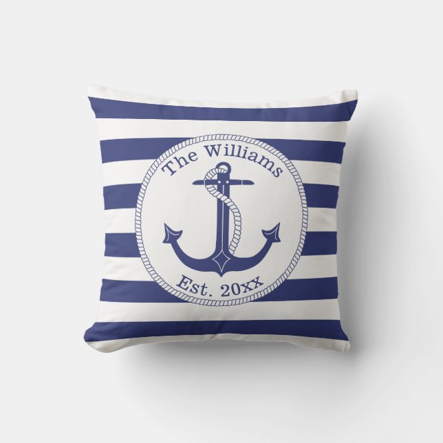 Coussin Ancre nautique Marine Blue Stripes Nom de famille (Recto)