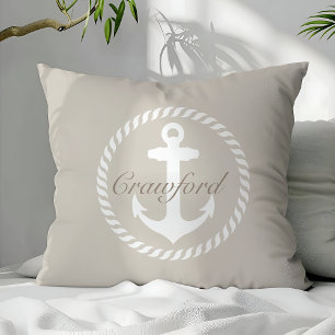 Coussin Ancre Nautique Monogramme Beige & Blanc Prépa