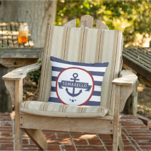 Coussin Ancre nautique Nom de famille Marine Blue Stripes