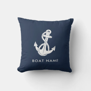 Coussin Ancre nautique Nom du bateau bleu marine Personnal