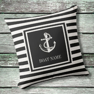 Coussin Ancre nautique rayée noir et blanc Nom du bateau