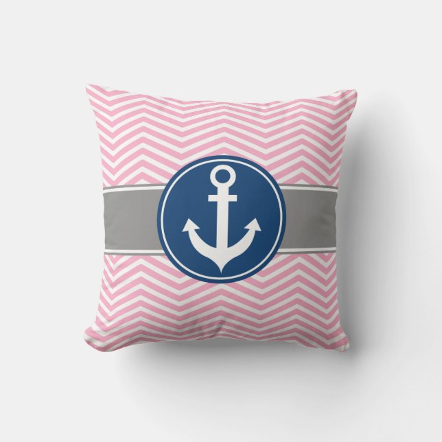 Coussin Ancre nautique rose Chevron (Recto)