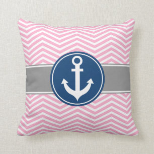 Coussin Ancre nautique rose Chevron
