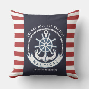 Coussin Ancre nautique, Roue, Bleu marine, Bandes rouges
