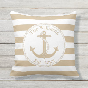 Coussin Ancre Nautique Tan White Stripes Nom de famille